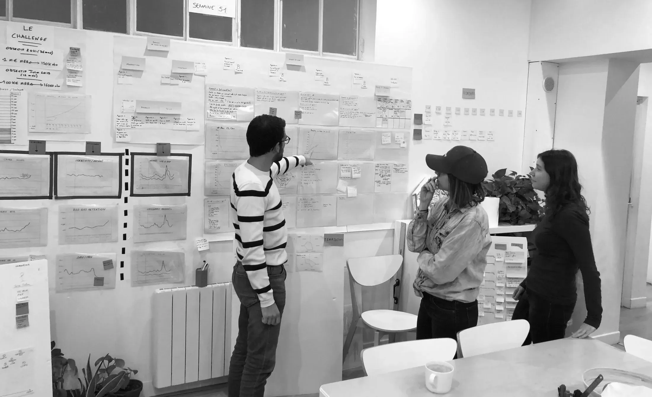 Équipe analysant ses indicateurs devant un mur de management visuel